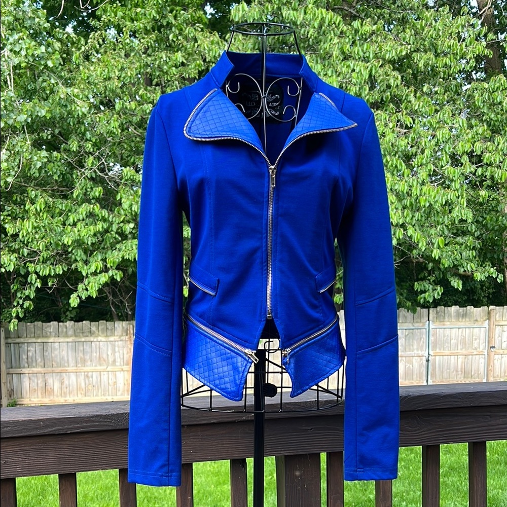 Cute Vintage Biker Retro Bold Blue Blazer with High Collar Slim Fit Faux Leather - Picture 7 of 16